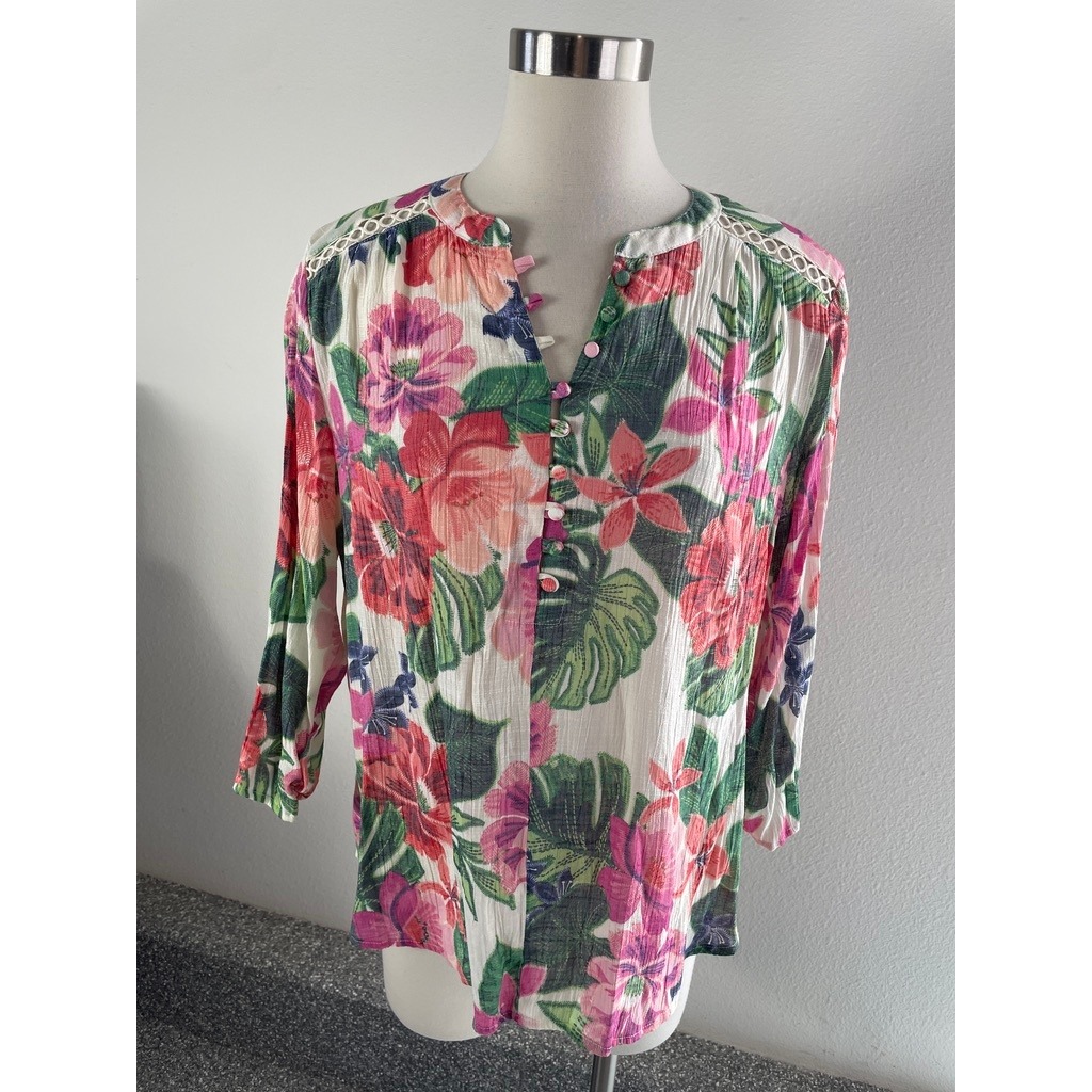 Cocomo Womens Xl Floral Tropical V Neck Blouse Red Green 3/4 Sleeve Tunic Top